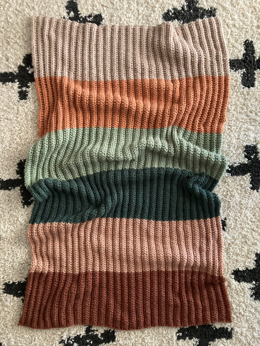 Ribbed knit color block blanket with six colors of Hue and Me Yarn