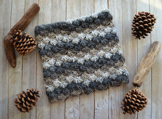 heavily textured crochet cowl that resembles shells