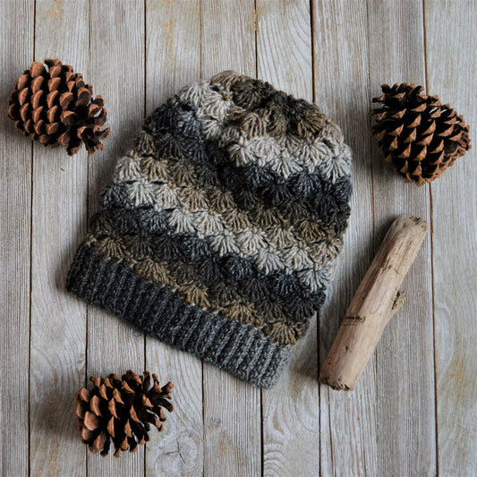 heavily textured crochet hat that resembles shells