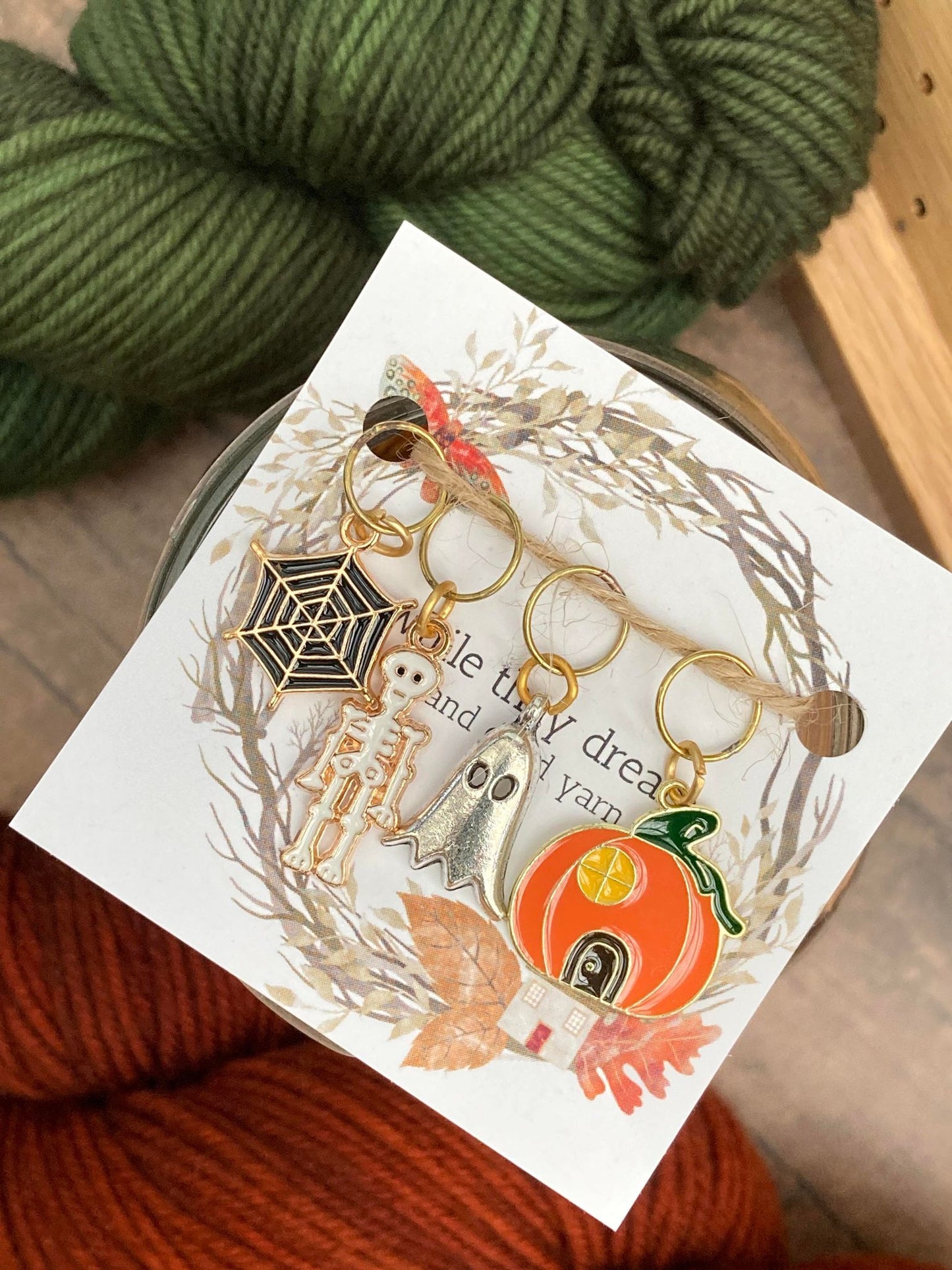 spider web stitch marker, skeleton stitch marker, silver ghost stitch marker, pumpkin stitch marker