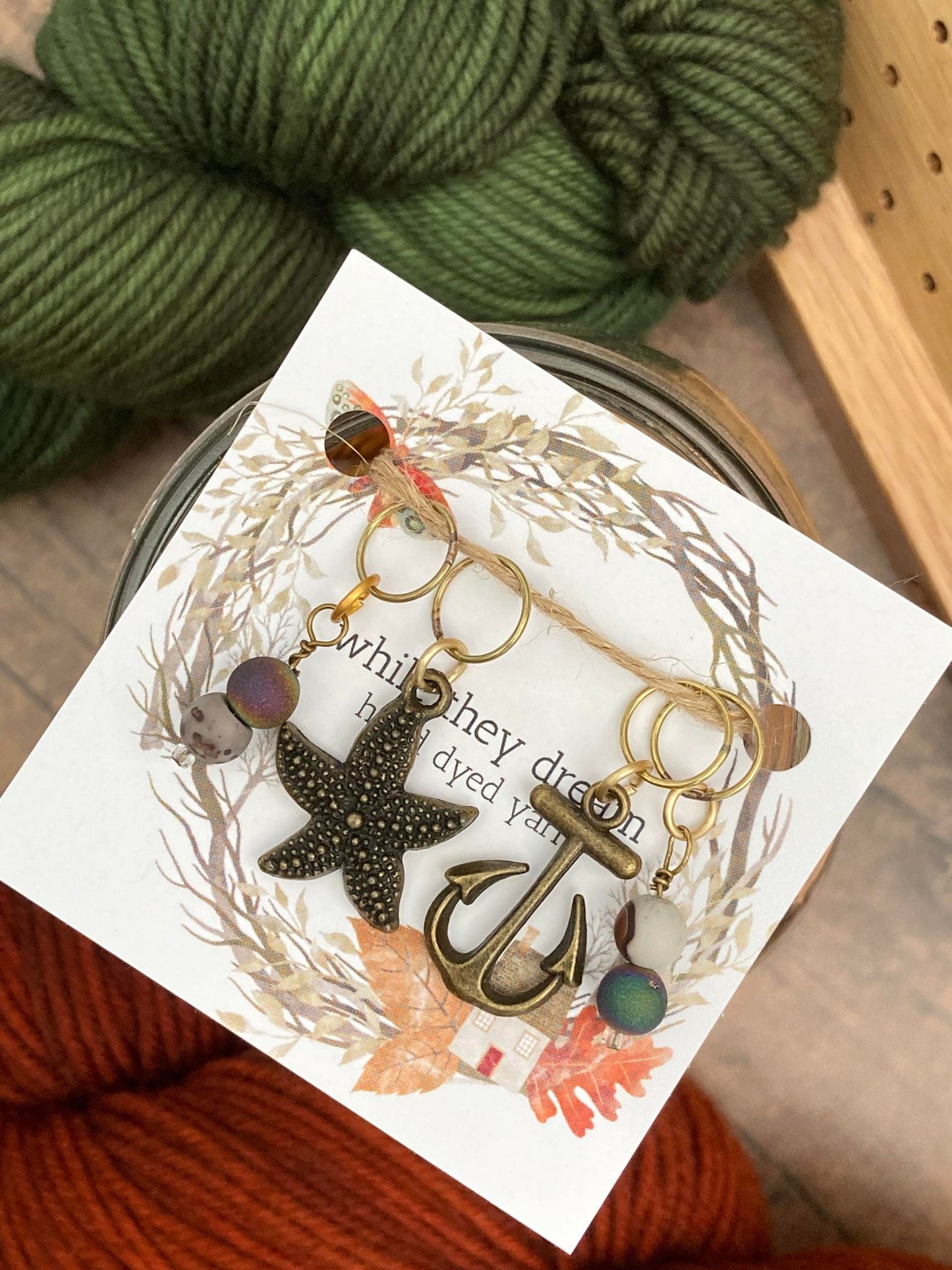 druzy gemstone stitch markers, starfish stitch marker, anchor stitch marker