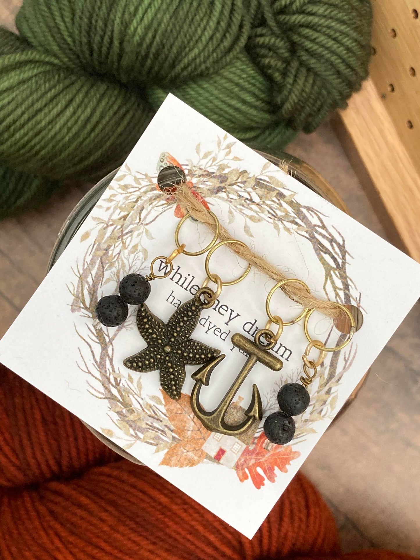 lava stone gemstone stitch markers, starfish stitch marker, anchor stitch marker
