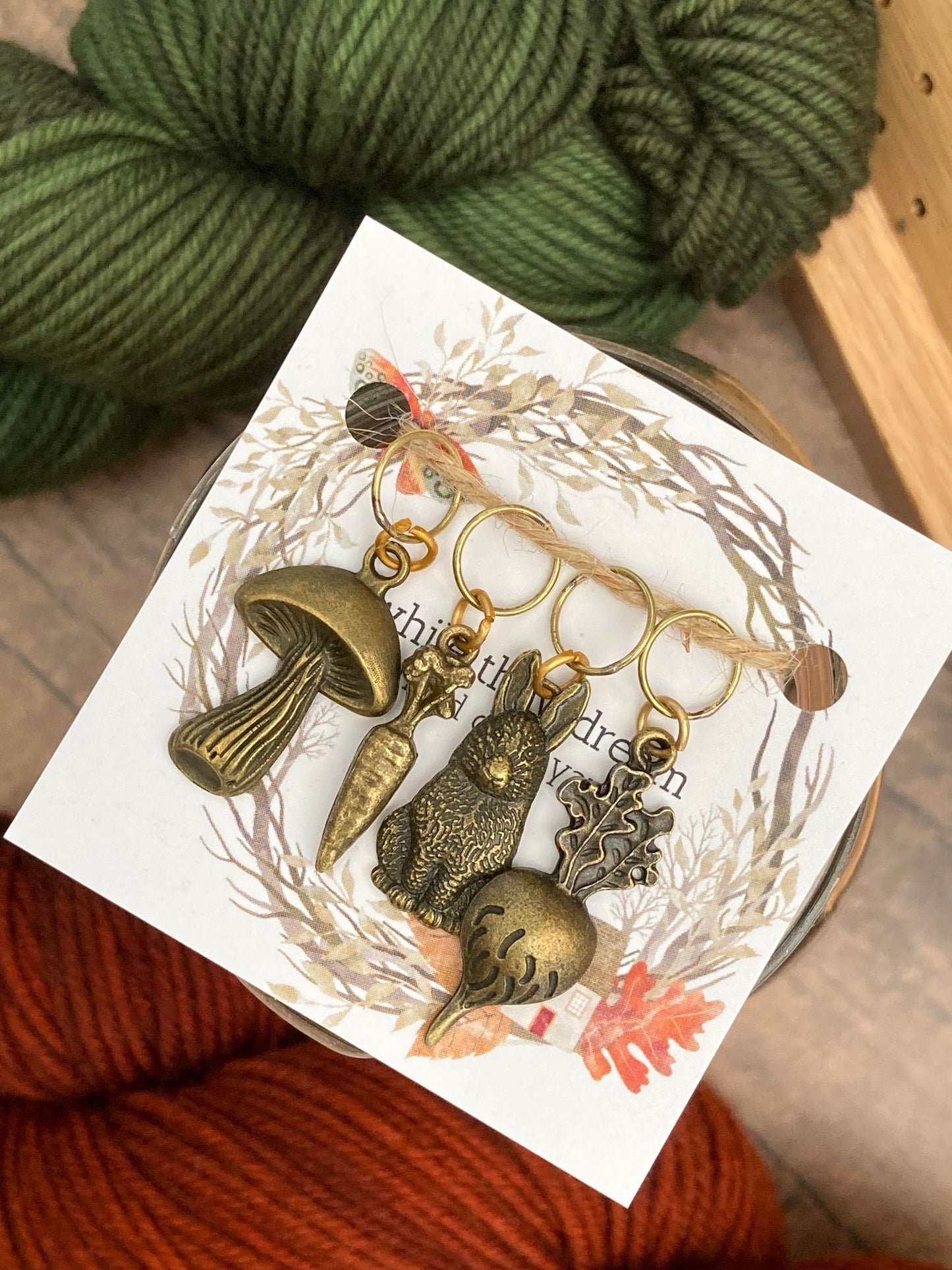 bronze mushroom stitch marker, bronze carrot stitch marker, bronze turnip stitch marker, bronze rabbit stitch marker