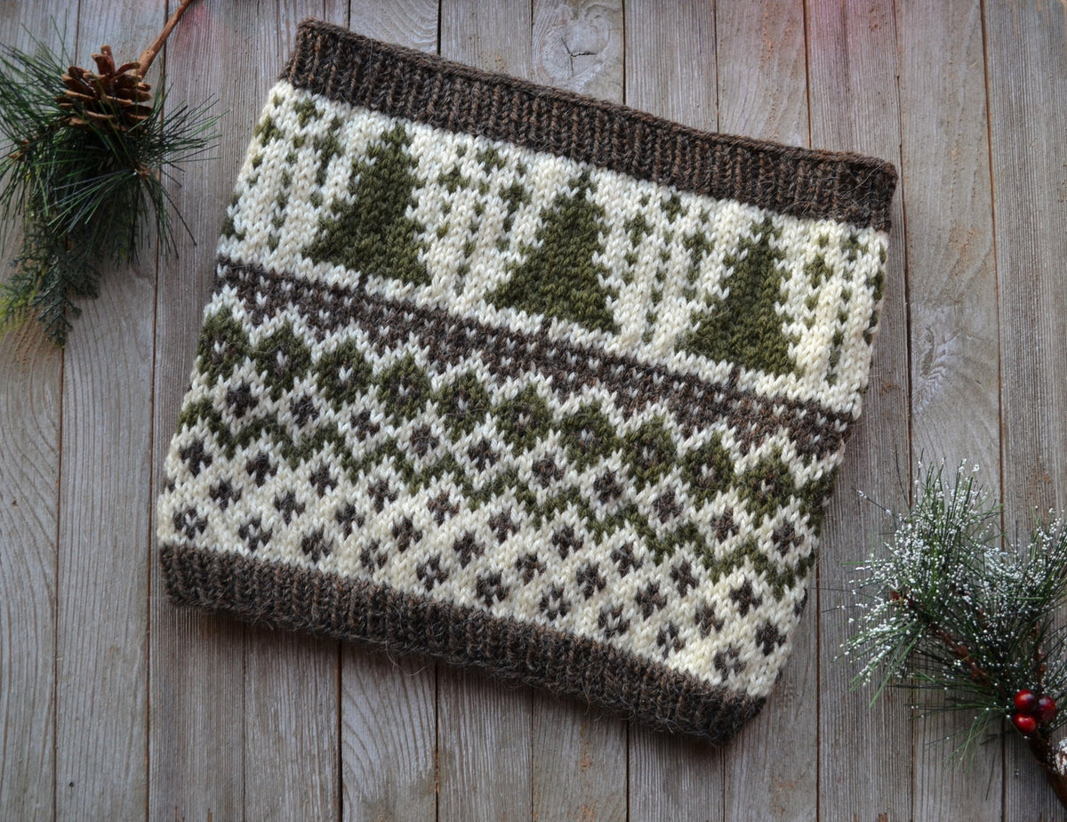 knit colorwork cowl with winter themed pine trees and diamonds