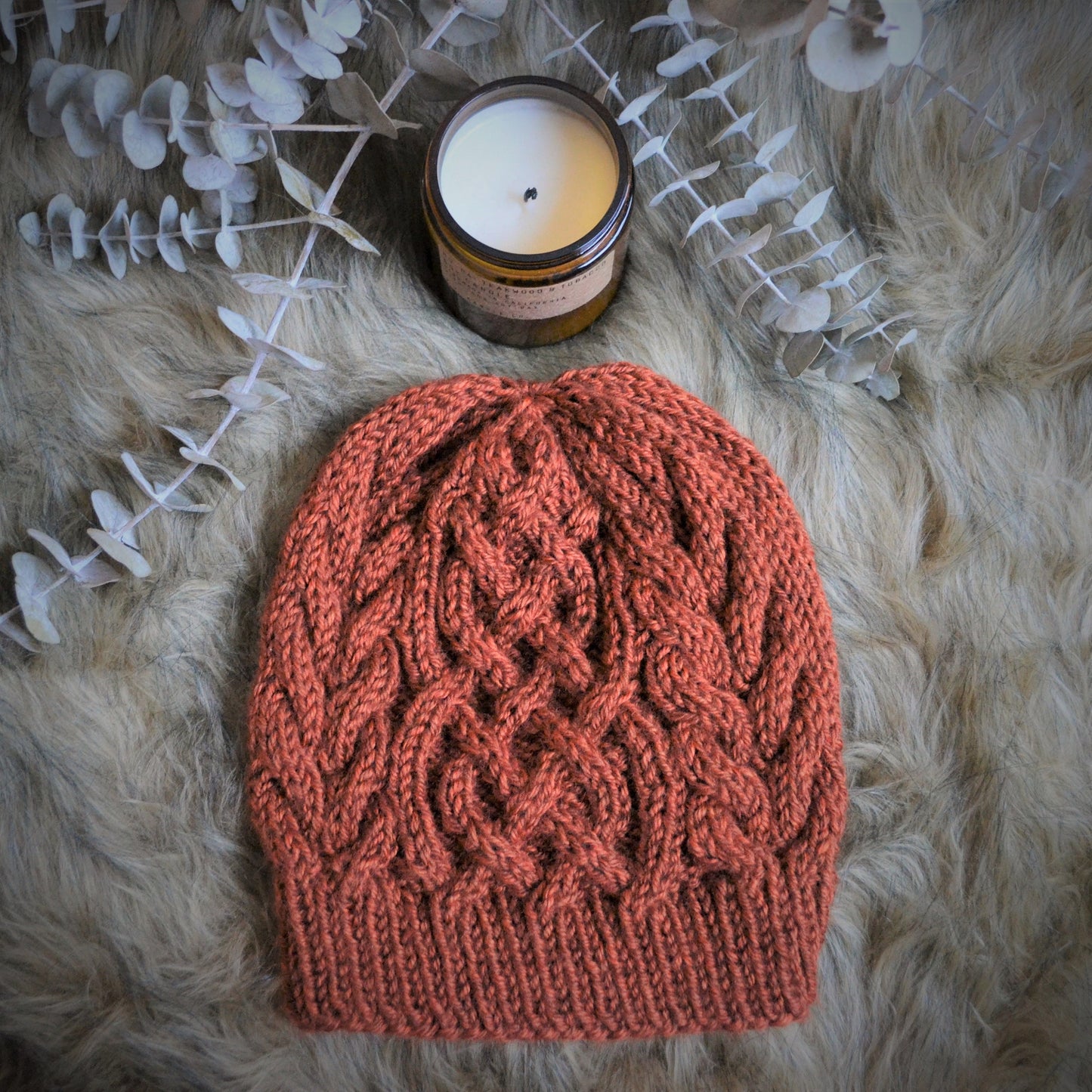 cable knit hat featuring a celtic braid up the middle with braids to each side