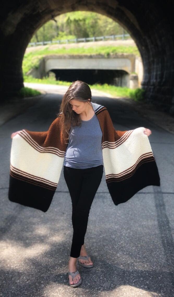 knit blanket scarf done in color block and stripes