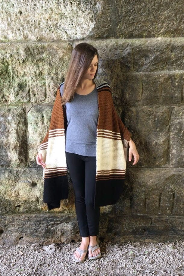 knit blanket scarf done in color block and stripes