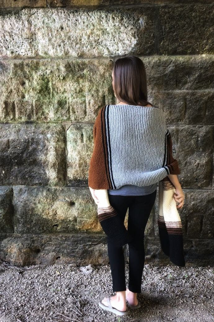 knit blanket scarf done in color block and stripes