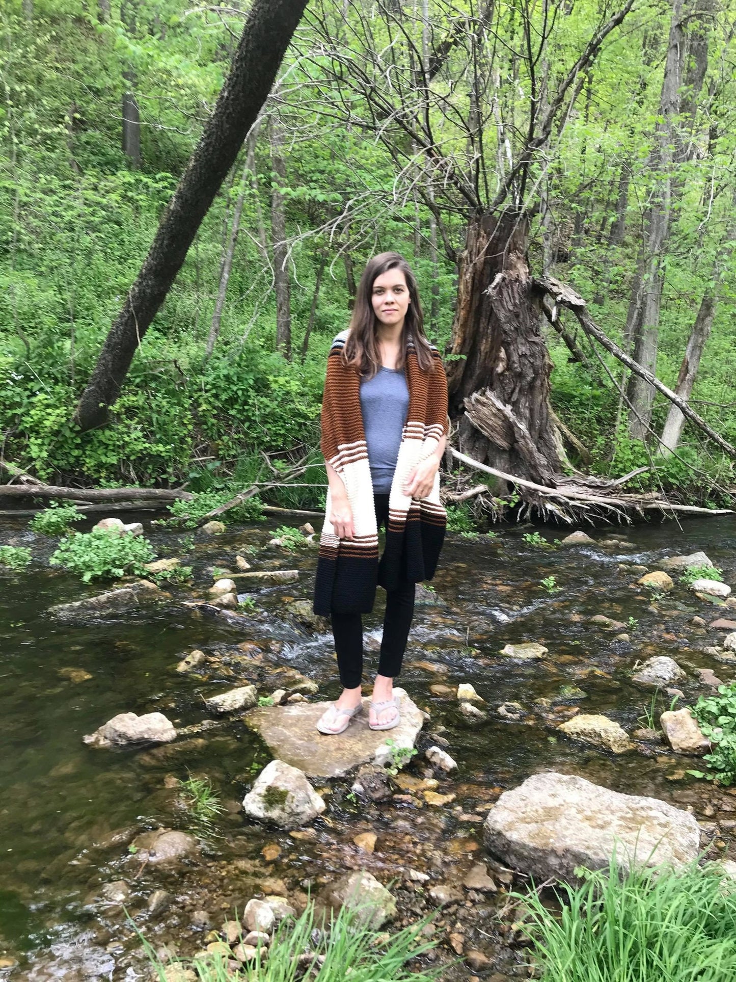 knit blanket scarf done in color block and stripes
