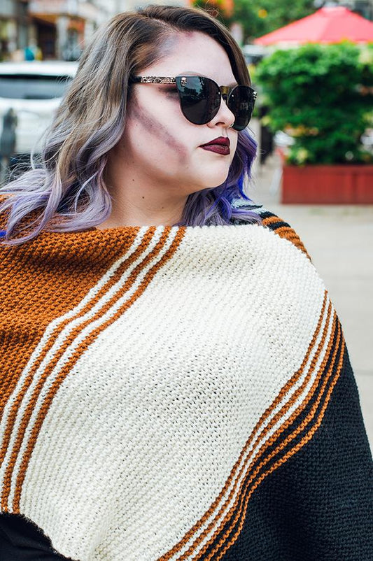 knit blanket scarf done in color block and stripes