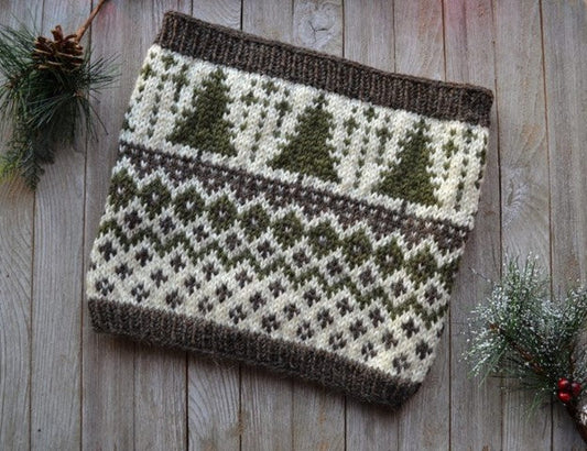 knit colorwork cowl with winter themed pine trees and diamonds