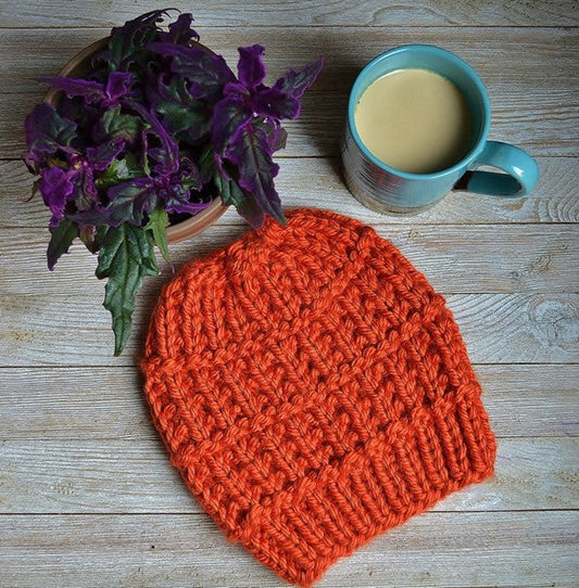 super bulky knit hat with vertical and horizontal texture