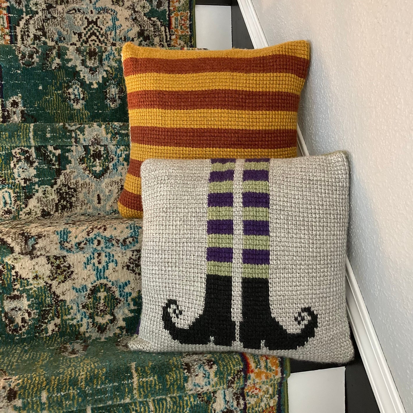 tunisian crochet pillow cover with witch legs